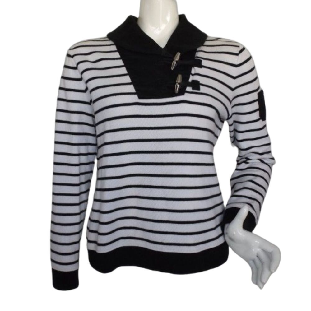 LAUREN RALPH LAUREN Sweater, L Black/White stripes, Shawl Collar/Toggle buttons